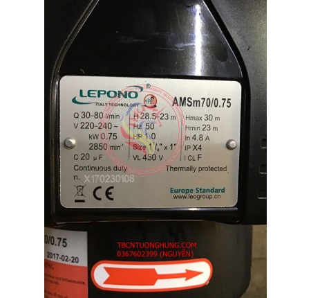 MÁY BƠM NƯỚC INOX LEPONO AMSM70/0.75 1HP TRỤC NGANG 220V