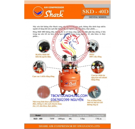 Bơm nén khí Shark 40 lít SKD-40D cung cấp nguồn khí nén sạch