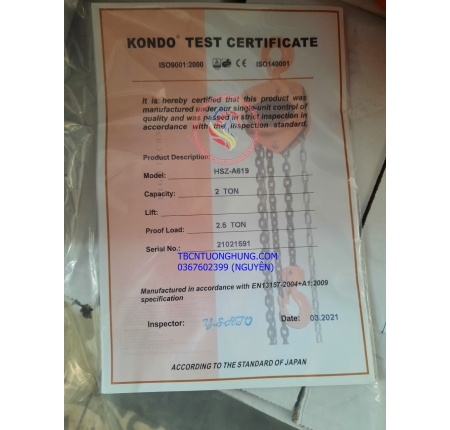 Palang xích kéo tay kondo 2 tấn