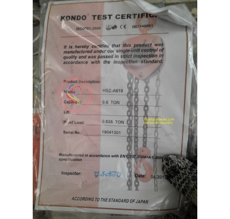 Palang xích kéo tay kondo 500kg 0.5 tấn