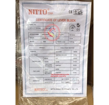 Palang xích lắc tay nitto 0.75 tấn 1,5 mét VR08