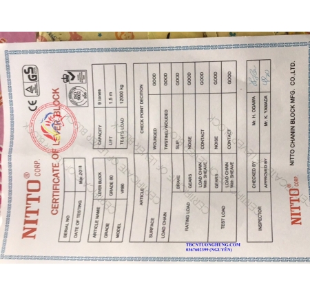 Palang xích lắc tay nitto 9 tấn 1,5 mét VR90