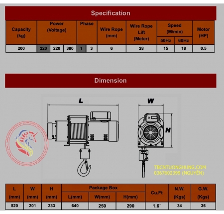 TỜI ĐIỆN DUKE WINCH DU 202 200KG TAIWAN